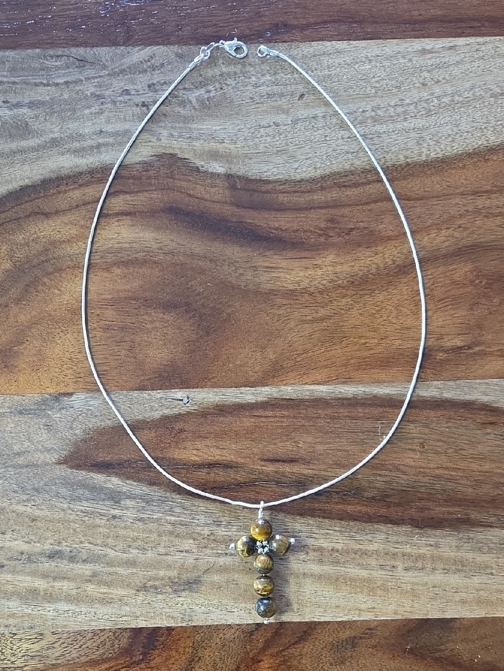 Silver-tone Necklace with Tiger Eye Cross Pendant - 20"